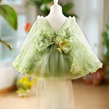 3D Flowers Knee Length Toddler 1 St Birthday Girl Dress D096