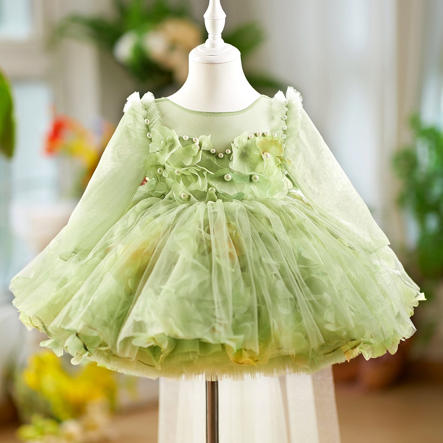 3D Flowers Knee Length Toddler 1 St Birthday Girl Dress D096