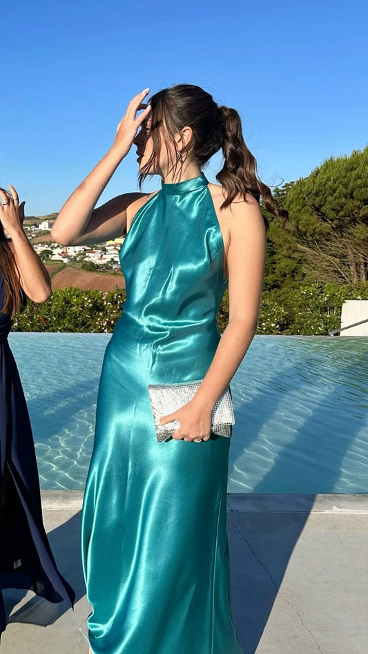 Unique Halter Viridian Green Sleeveless Satin Mermaid Prom Dress Formal Bridesmaid Dress D976