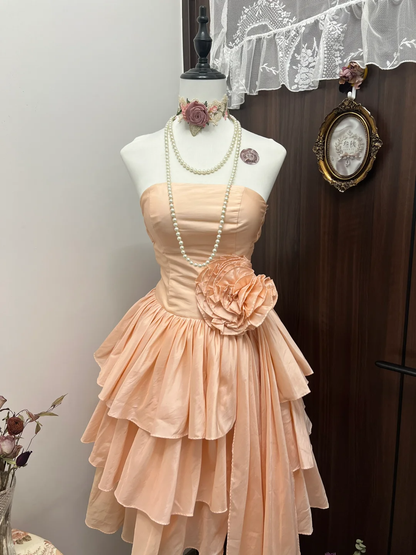 Cute Vintage A Line Strapless Layered Flower Coral Sands Satin Short Homecoming Dress Cocktail Dress SH2986