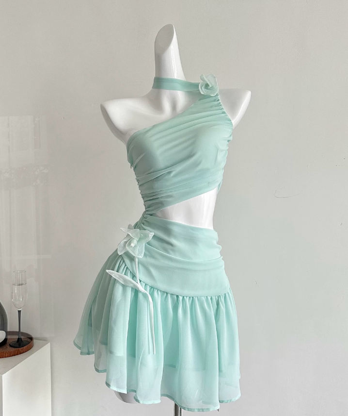 Mint Green A Line Halter Flower Chiffon Short Homecoming Dress Cocktail Dress SH3050