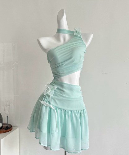 Mint Green A Line Halter Flower Chiffon Short Homecoming Dress Cocktail Dress SH3050