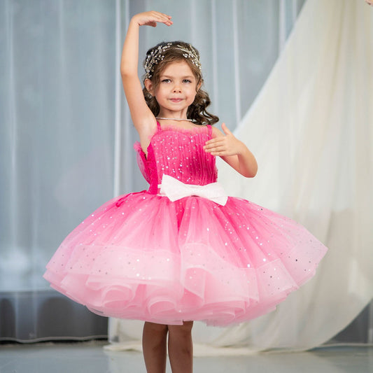 Twinkle Pink Flower Girl Dress with White Bow for Toddler Party D133