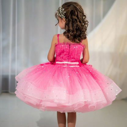 Twinkle Pink Flower Girl Dress with White Bow for Toddler Party D133
