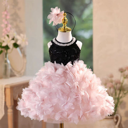 Pink Petal Sequin Flower Girl Dress for Wedding Party Photoshoot D108