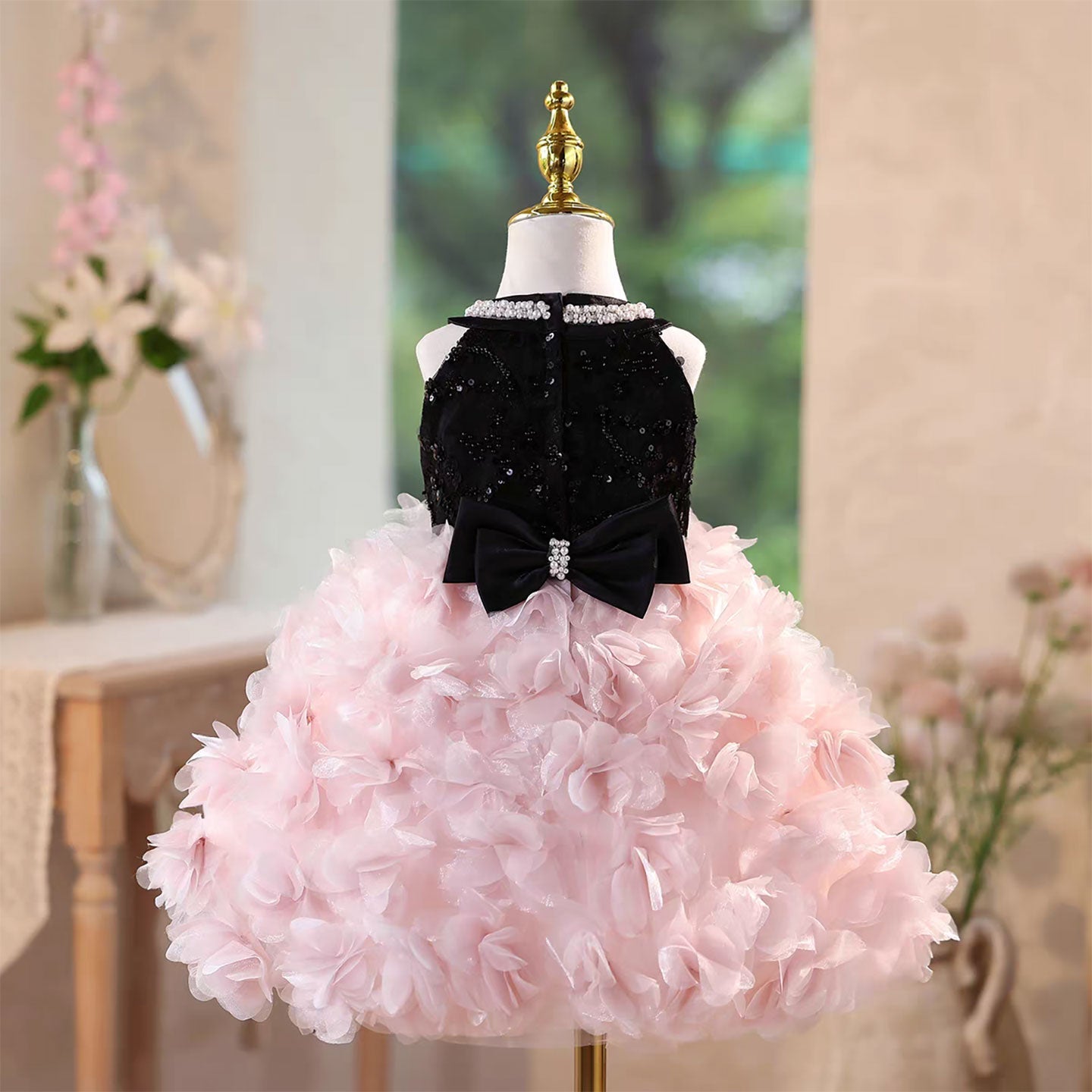 Pink Petal Sequin Flower Girl Dress for Wedding Party Photoshoot D108