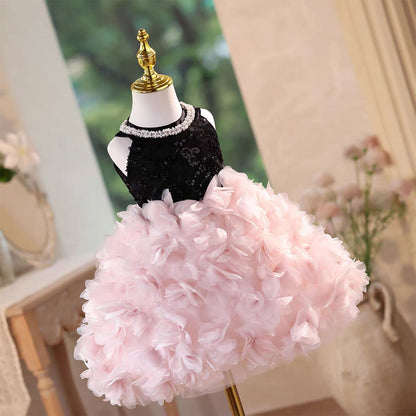Pink Petal Sequin Flower Girl Dress for Wedding Party Photoshoot D108