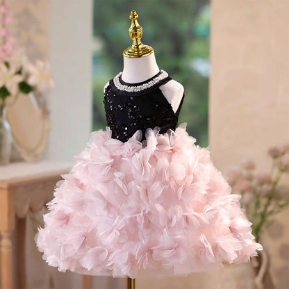 Pink Petal Sequin Flower Girl Dress for Wedding Party Photoshoot D108