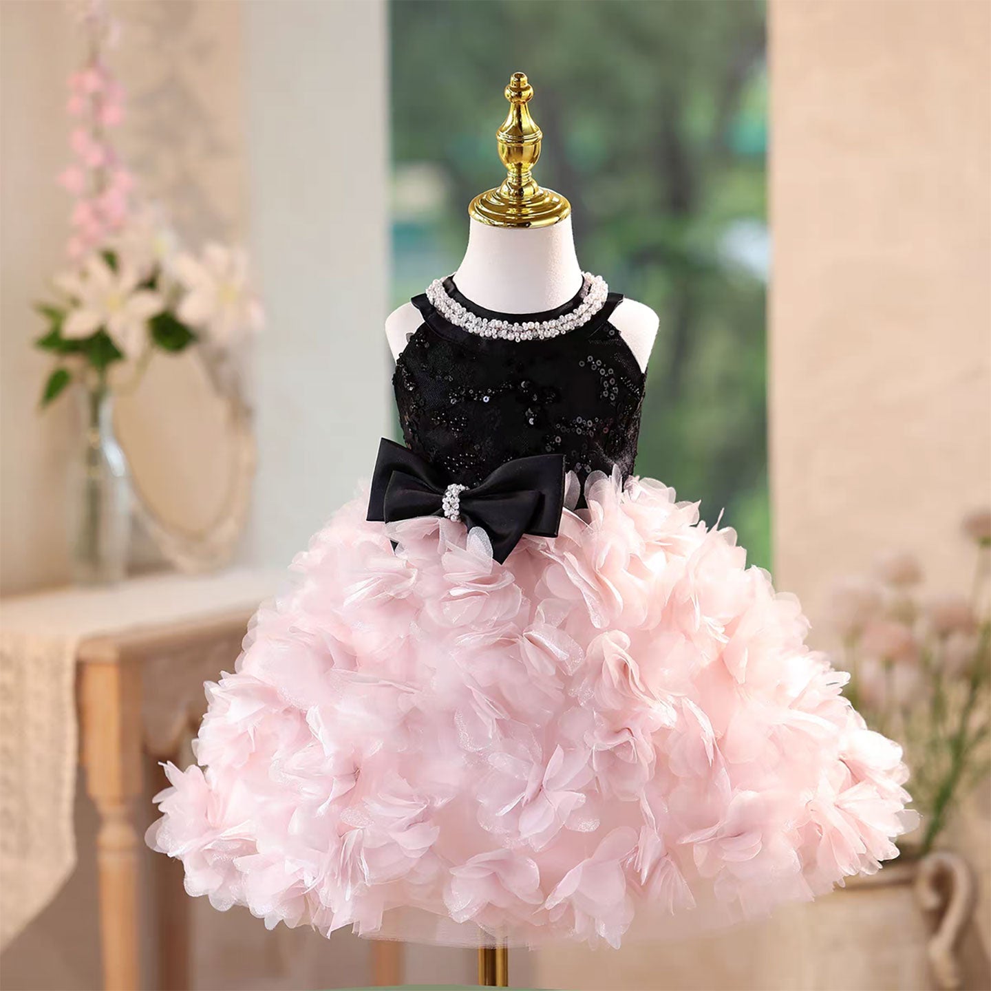 Pink Petal Sequin Flower Girl Dress for Wedding Party Photoshoot D108