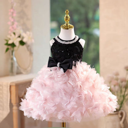Pink Petal Sequin Flower Girl Dress for Wedding Party Photoshoot D108