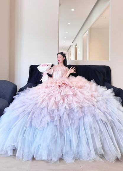 Cute A Line Strapless Corset Feather Pink Tulle Long Prom Dress Evening Dress SH2996