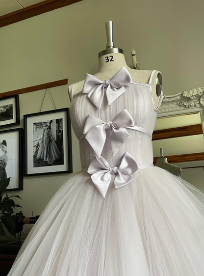 Stunning A Line Spaghetti Strap Bow Light Purple Tulle Long Party Dress Evening Dress SH2889