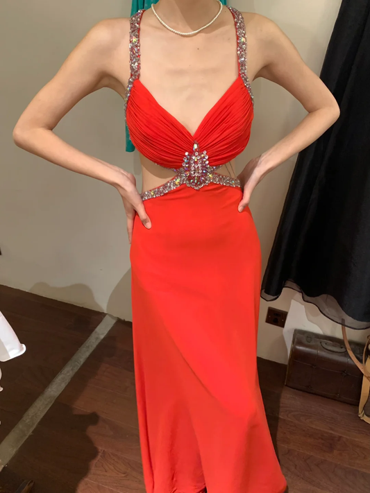 Vintage A Line Spaghetti Strap Red Beaded Sequin Chiffon Long Open Back Prom Dress Evening Dress SH2972