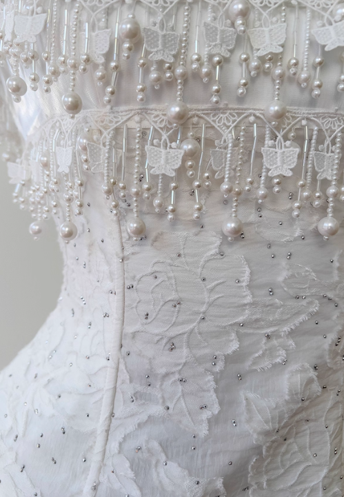 Cute A Line Spaghetti Strap Tiered Pearl White Lace Party Dress Evening Dress SH2818