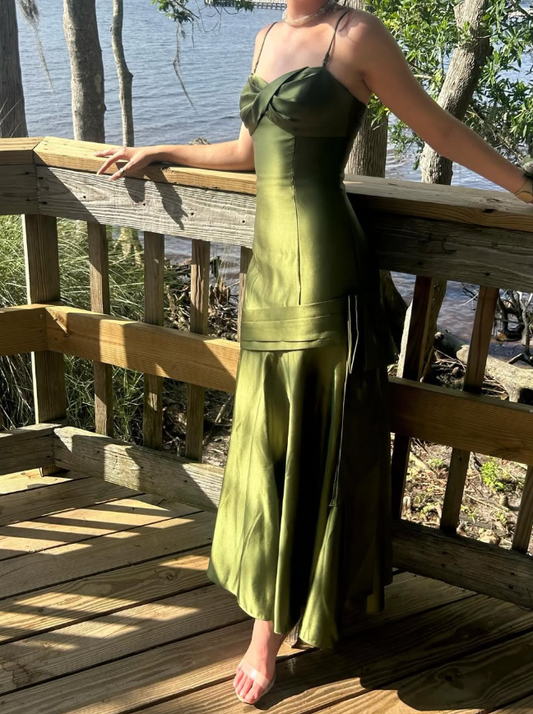 Vintage Mermaid Spaghetti Strap Green Satin Party Dress Evening Dress SH2822