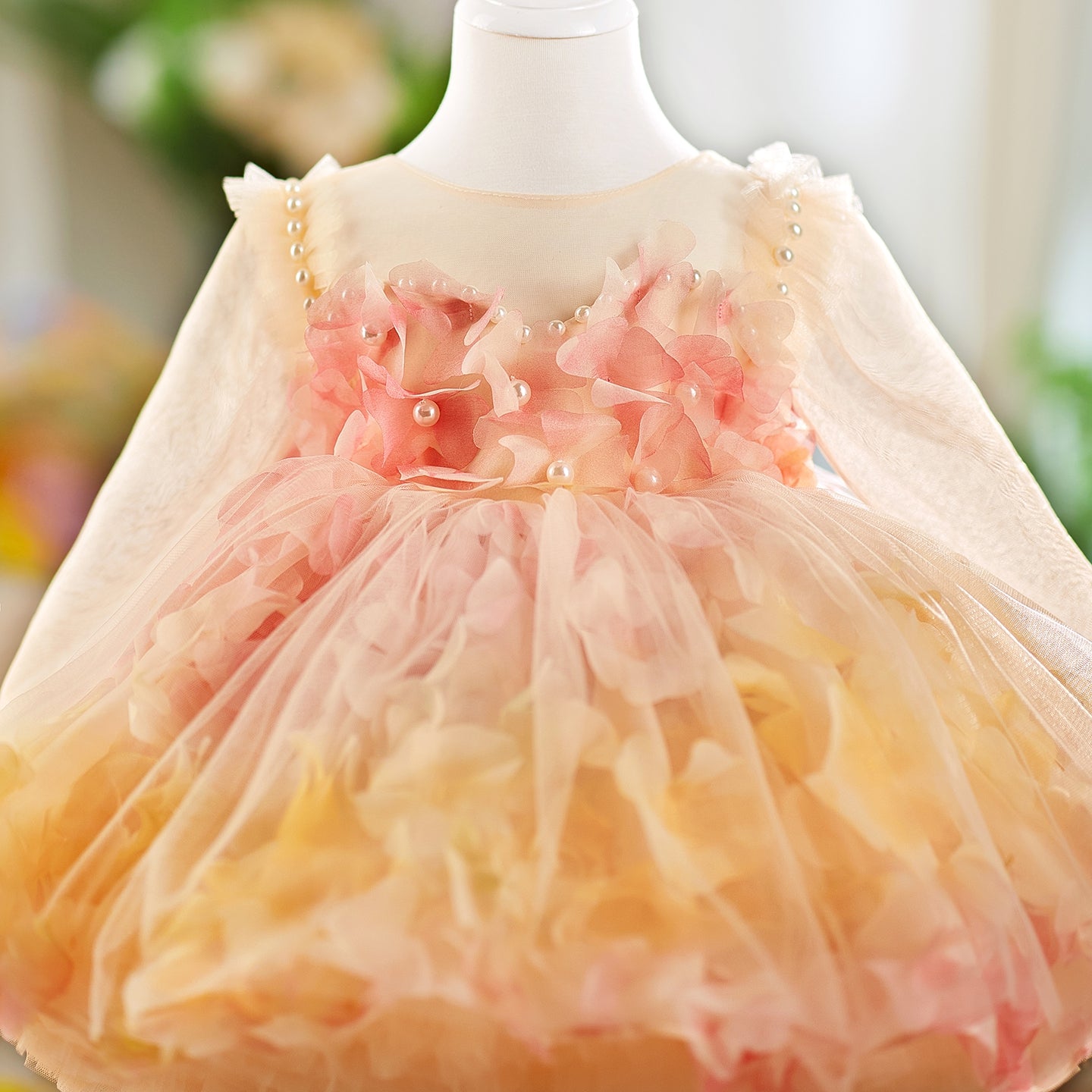 3D Flowers Knee Length Toddler 1 St Birthday Girl Dress D096