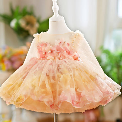 3D Flowers Knee Length Toddler 1 St Birthday Girl Dress D096
