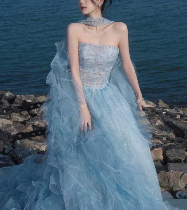 Gorgeous A Line Strapless Beaded Blue Tulle Long Party Dress Evening Dress SH2812