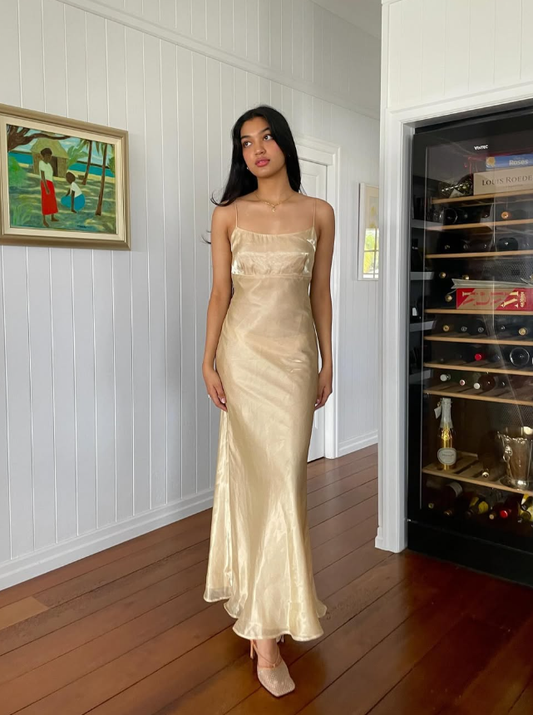 Simple Sheath Spaghetti Strap Satin Open Back Evening Dress Party Dress SH2688