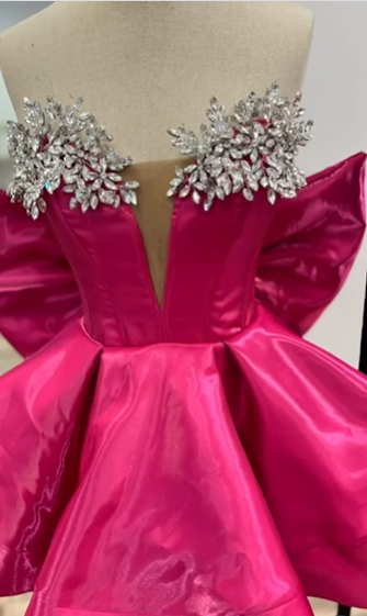 Gorgeous Hot Pink Satin Beaded Homecoming Dress Short Birthday Dress With Bow S488
