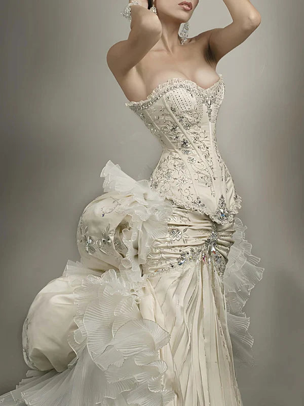 Exquisite Mermaid Sweetheart Neck Beaded Tulle Satin Long Prom Dress Wedding Dress SH3551