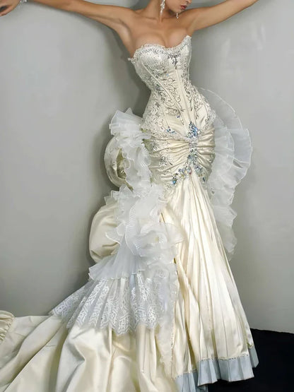 Exquisite Mermaid Sweetheart Neck Beaded Tulle Satin Long Prom Dress Wedding Dress SH3551