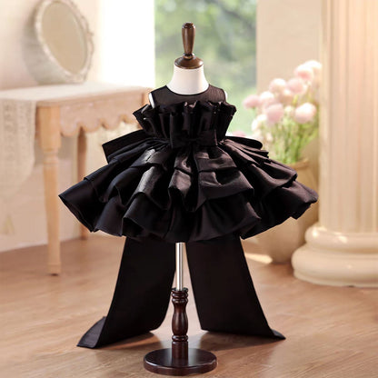 Elegant Black Ball Gown Flower Girl Dress with Ruffle Layers D128