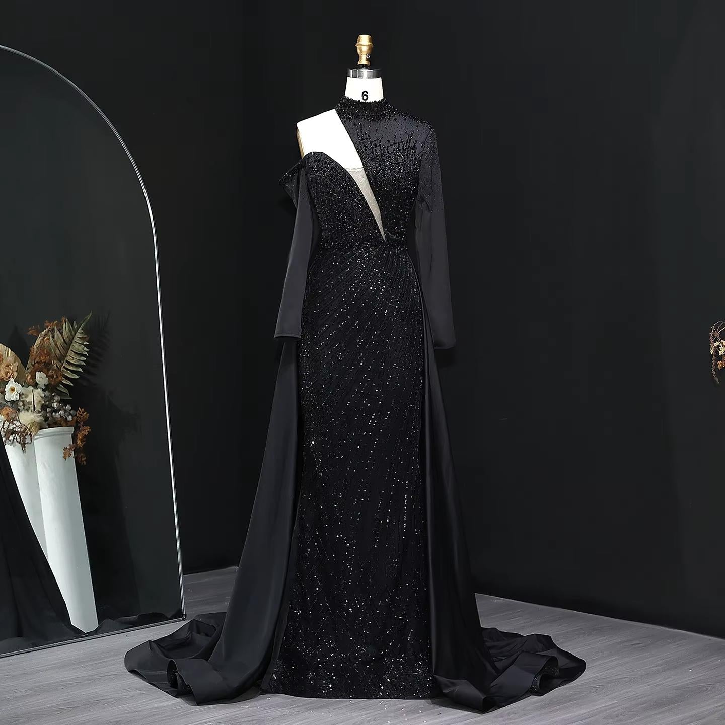 Wine Red One Shoulder Evening Dress with Overskirt SS019