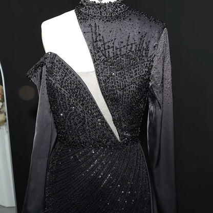 Wine Red One Shoulder Evening Dress with Overskirt SS019