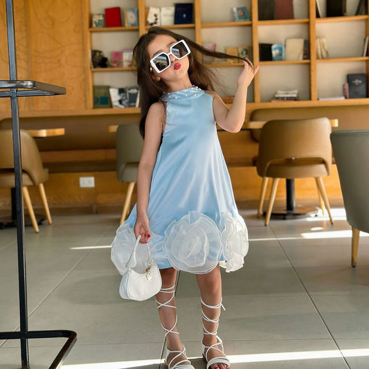 Flower Girl Dress with 3D White Petals Pearl Accents D105