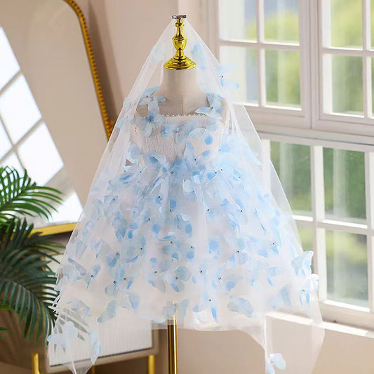 Butterfly Knee Length Birthday Party Flower Girl Dress Blue D090