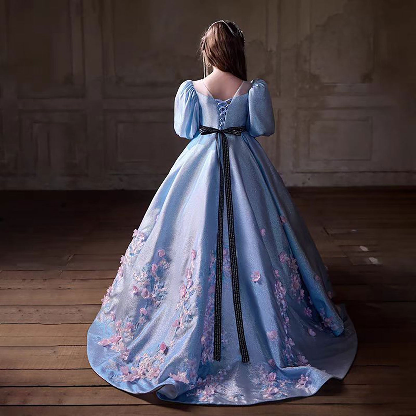 3D Flowers Satin Half Sleeve Girl Dress for Birthday Party J132