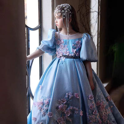 3D Flowers Satin Half Sleeve Girl Dress for Birthday Party J132