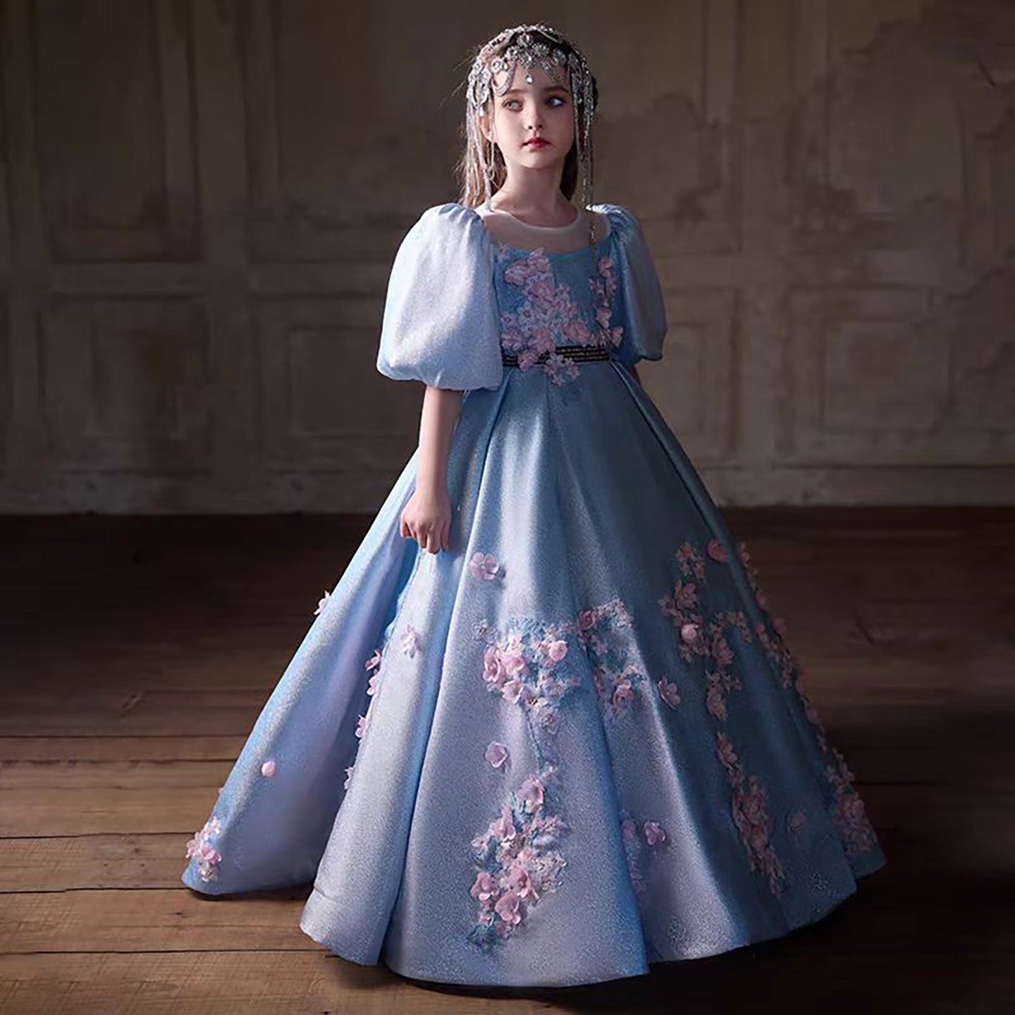 3D Flowers Satin Half Sleeve Girl Dress for Birthday Party J132