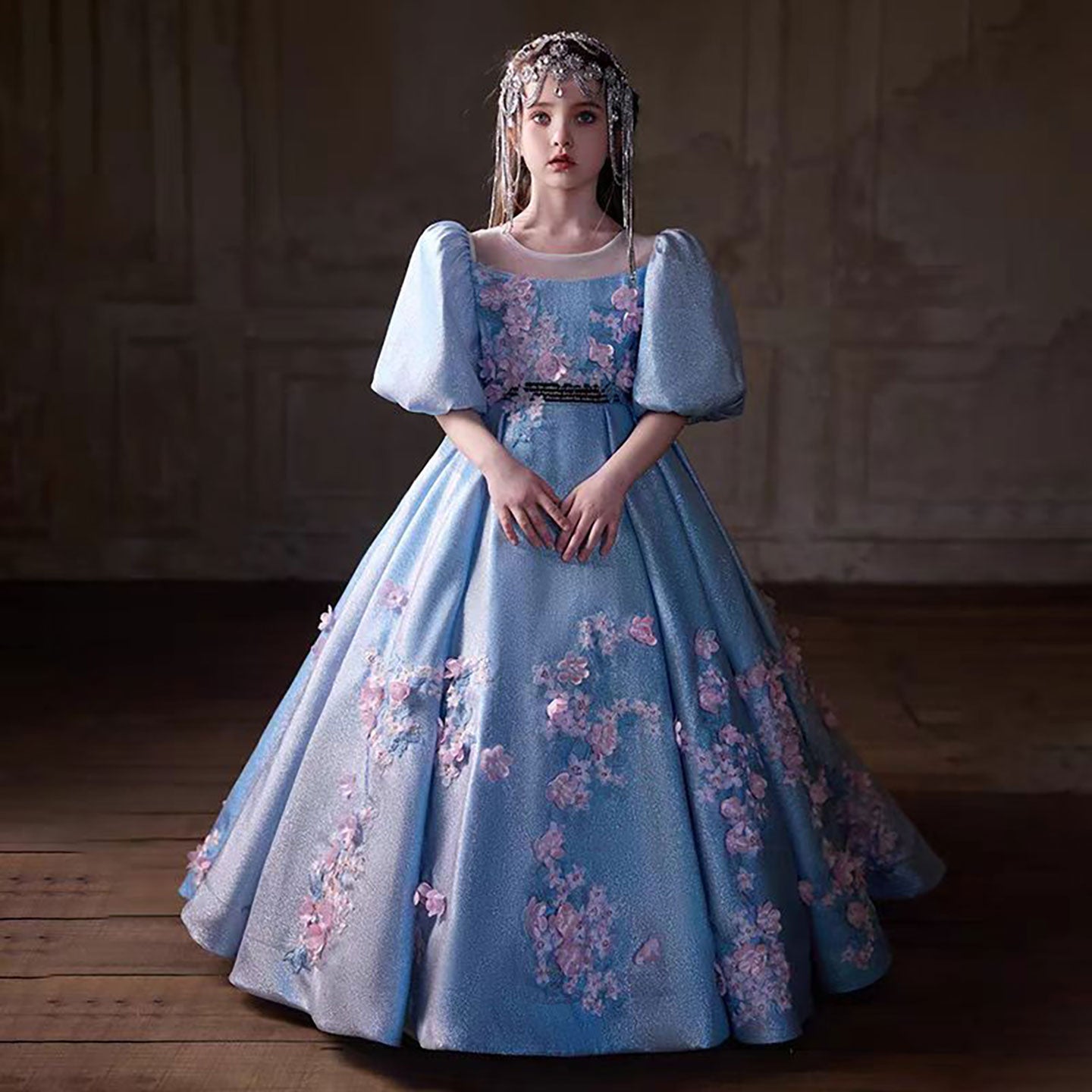 3D Flowers Satin Half Sleeve Girl Dress for Birthday Party J132