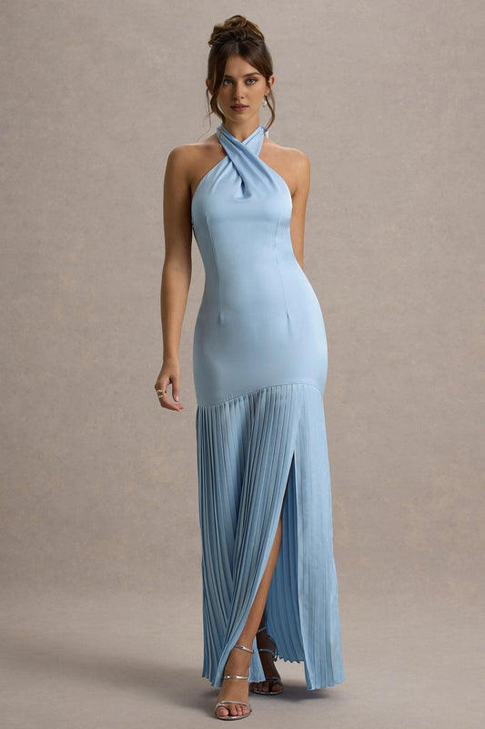 Dress Burgundy Satin Cross Halter-Neck Plisse Maxi Dress Prom Dress Lace Up Sleeveless Hem Slit Bridesmaid Dress