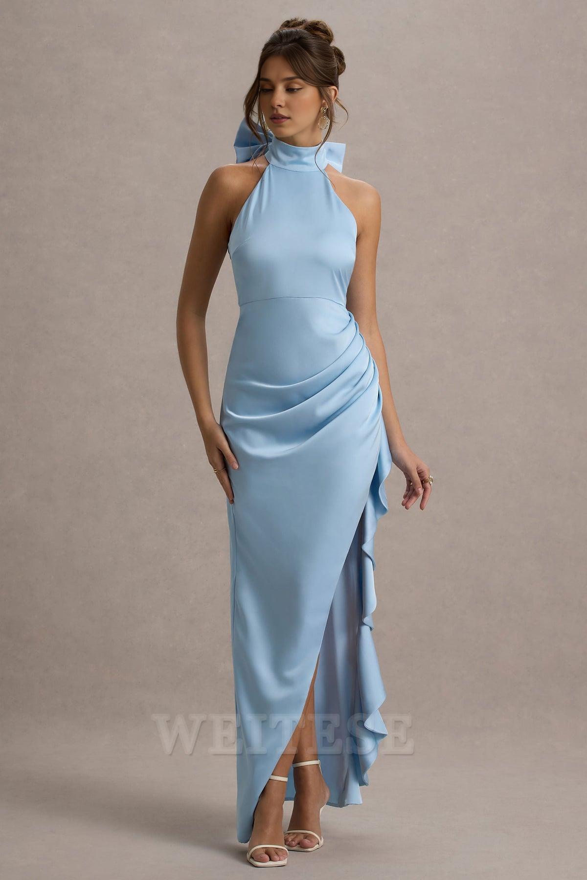 Dress Pink Satin High-Neck Draped Maxi Dress Prom Dress With Bow Ruffle Floor Length Sleeveless Bridesmaid Dress