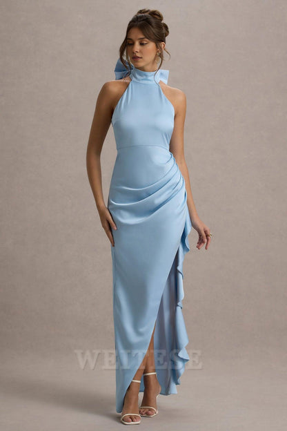 Dress Pink Satin High-Neck Draped Maxi Dress Prom Dress With Bow Ruffle Floor Length Sleeveless Bridesmaid Dress