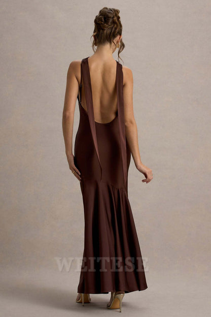 Dress Lemon Satin Cowl-Neck Maxi Dress Bridesmaid Dress Low Backless Floor Length Sheath Prom Dress