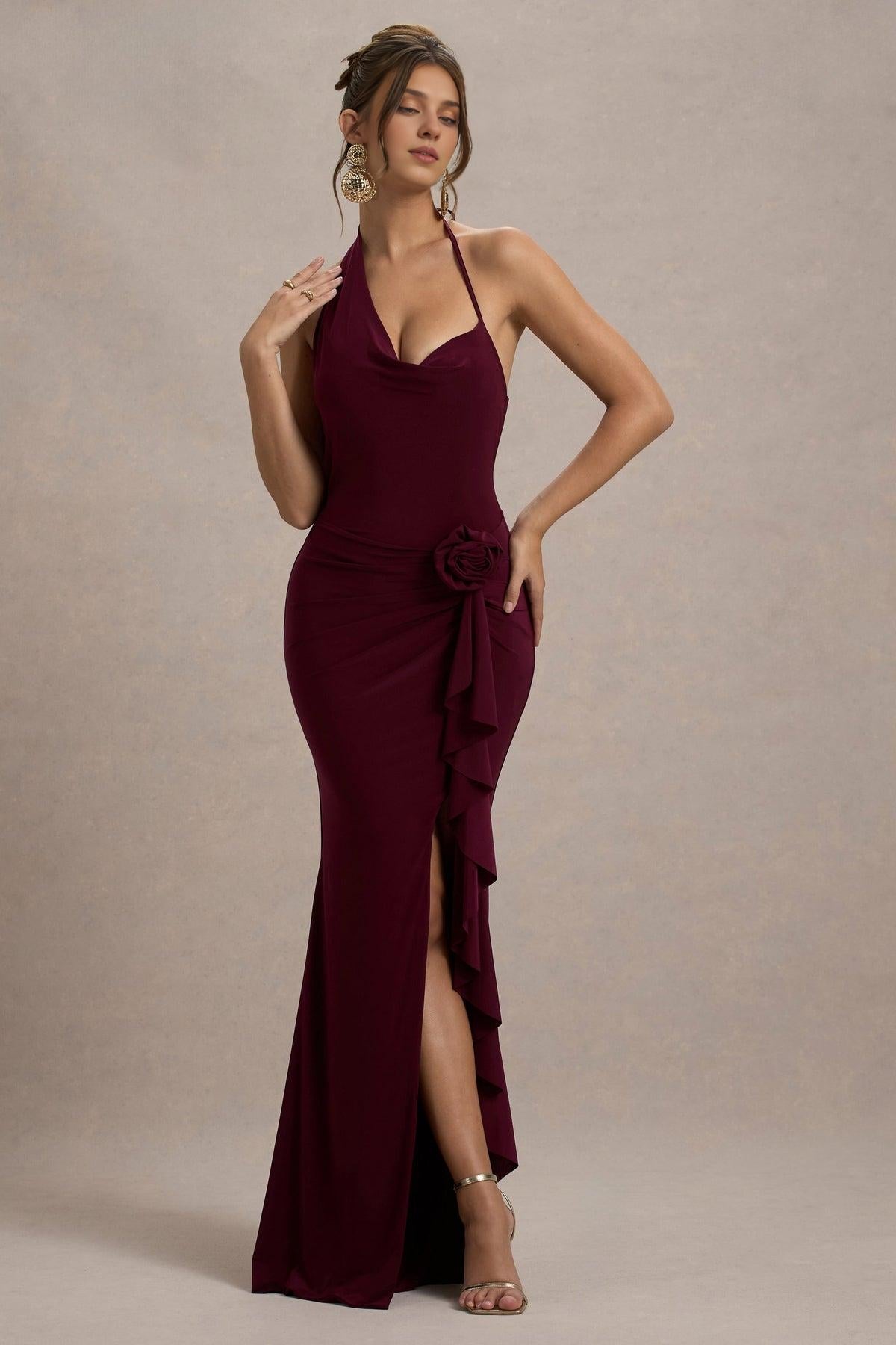 Dress Powder Blue Cowl-Neck Wrap Maxi Dress With Floral Drape Bridesmaid Dress Spaghetti Straps Open Back Sexy Prom Dress