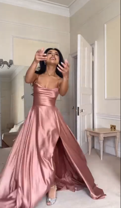 Stylish Spaghetti Straps Pink A Line Slit Bridesmaid Dress Long Prom Dress D962