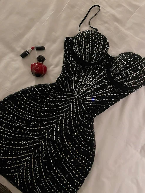 zelldressess-Black Gorgeous Beaded Sparkling Short Cocktail/Birthday Party Dress gh5013