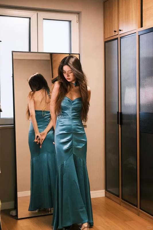 Gentle Mermaid Sweetheart Neck Pleated Blue Satin Party Dress Evening Dress SH2911