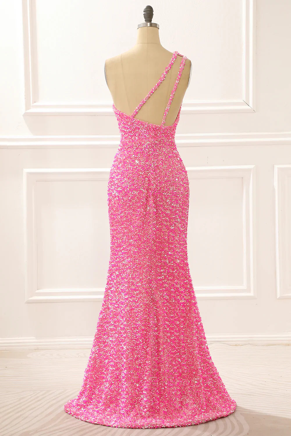 One Shoulder Sparkly Hot Pink Prom Dress