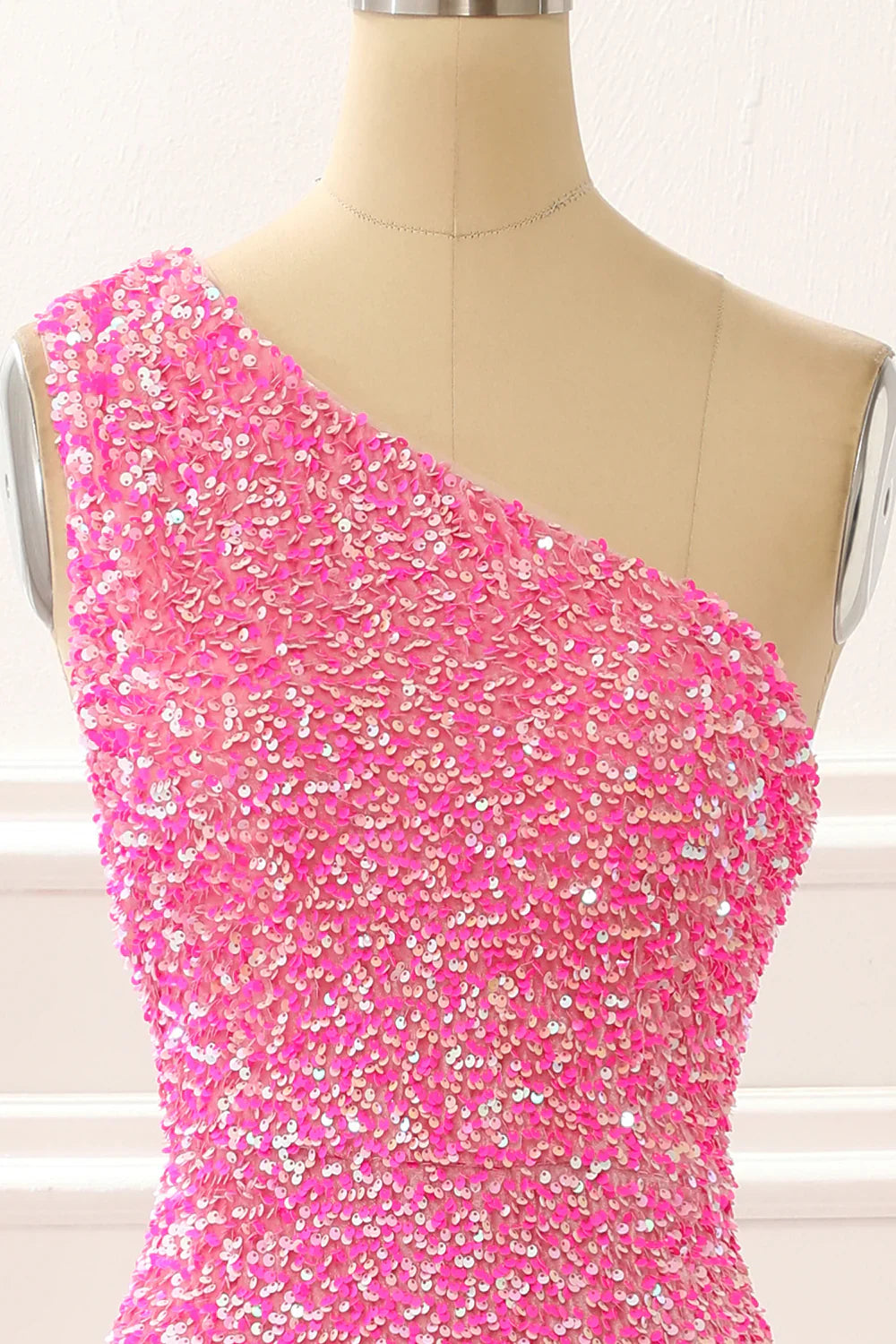 One Shoulder Sparkly Hot Pink Prom Dress