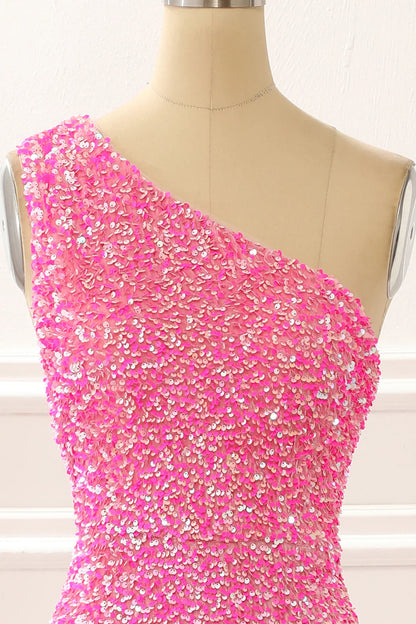 One Shoulder Sparkly Hot Pink Prom Dress