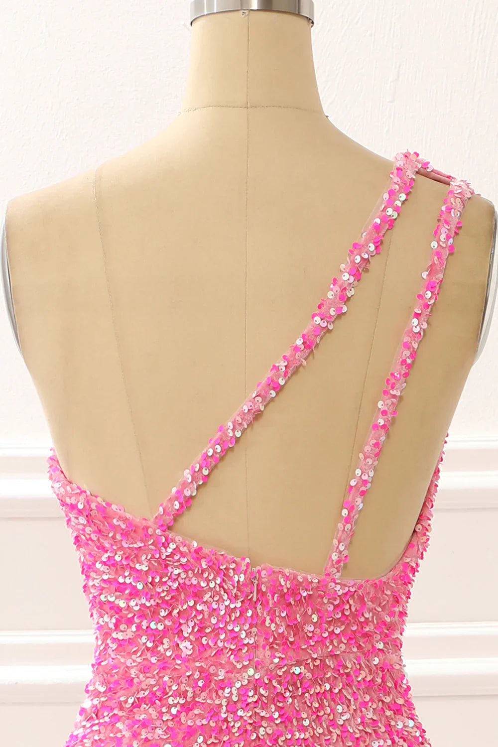 One Shoulder Sparkly Hot Pink Prom Dress