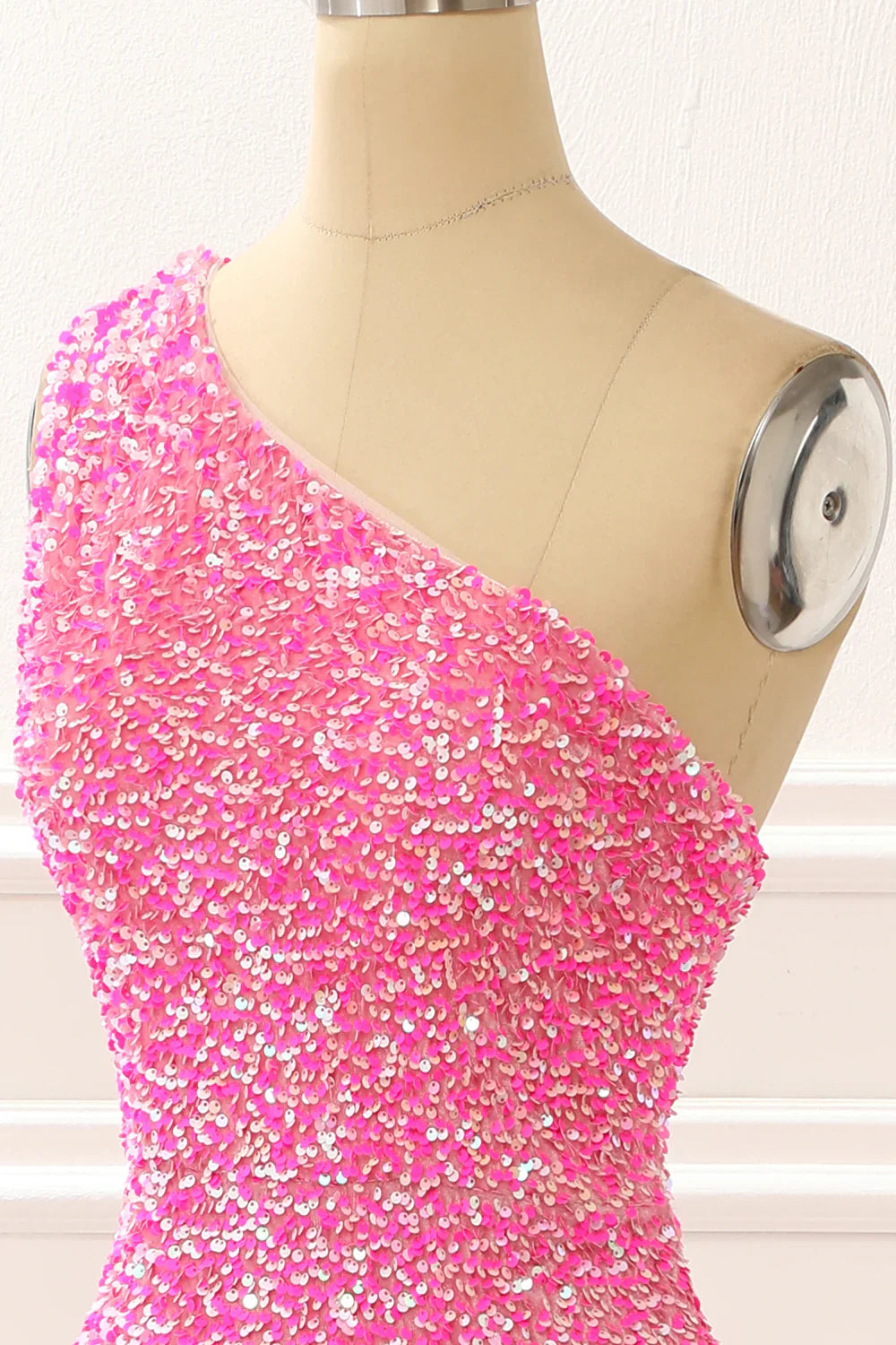 One Shoulder Sparkly Hot Pink Prom Dress