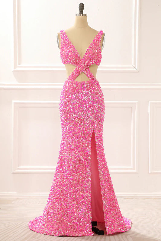 Mermaid Sparkly Hot Pink Prom Dress With Slit