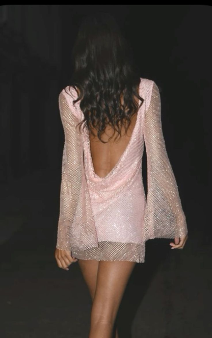 Glitter Pink Sequin Sheath Long Sleeves Formal Birthday Outfits Short Graduation Homecoming Dress D212